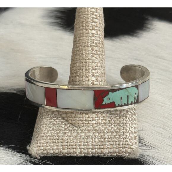 Native Turza Wells Andrew Shows Multistone Sterling Bear Cuff Bracelet Turquoise - Picture 2 of 16